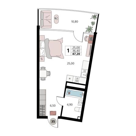 Планировка 1-комн 47,2 м²