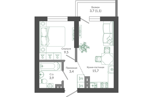 Планировка 1-комн 33,6 м²