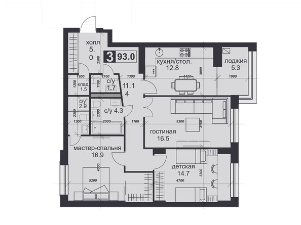 Планировка 3-комн 93, 93,2 м²