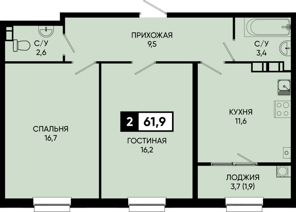 Планировка 2-комн 61,9 м²