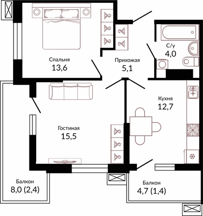 Планировка 2-комн 54,7 м²