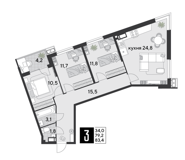 Планировка 3-комн 83,4 м²