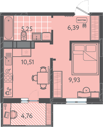 Планировка 1-комн 33,51 м²