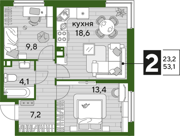 Планировка 2-комн 53,1 м²