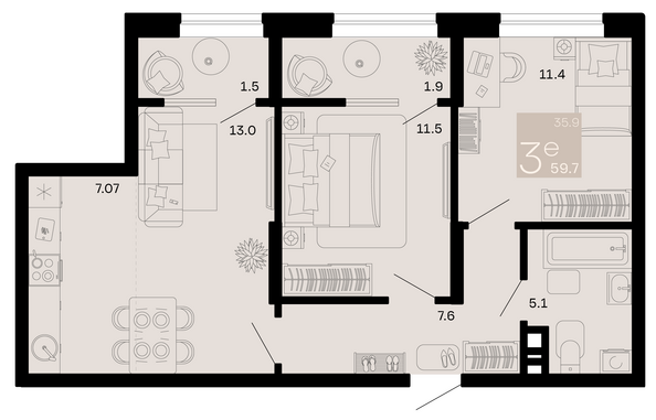 Планировка 3-комн 59,7 м²