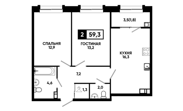 Планировка 2-комн 59,3 м²