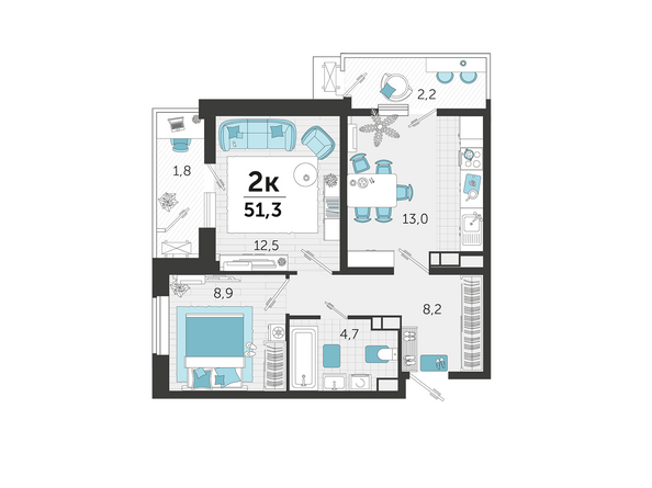 Планировка 2-комн 51,3 м²