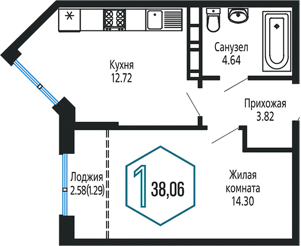 Планировка 1-комн 38,06 м²