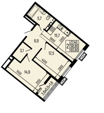 Планировка 2-комн 60,6, 61,2 м²