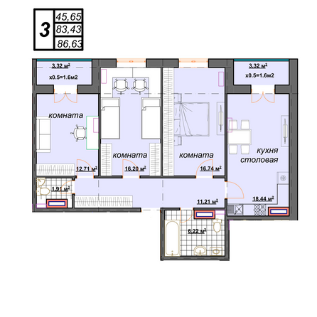 Планировка 3-комн 86,63 м²