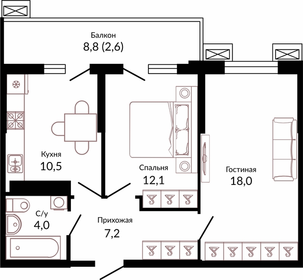 Планировка 2-комн 54,4 м²