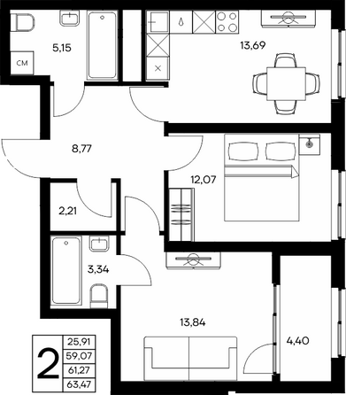 Планировка 2-комн 63,47 м²