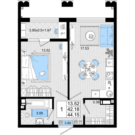 Планировка 1-комн 44,15 м²