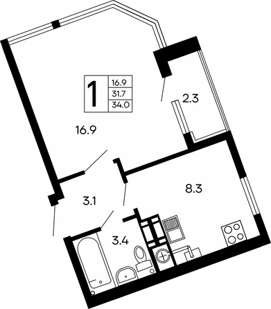 Планировка 1-комн 34 м²