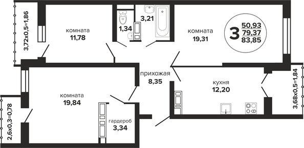 Планировка 3-комн 83,85 м²