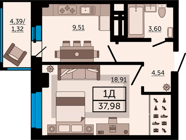 Планировка 1-комн 37,98 м²