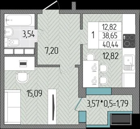 Планировка 1-комн 40,44 м²