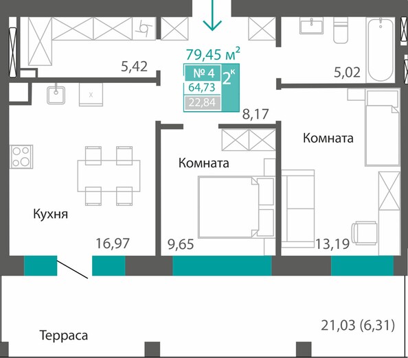 Планировка 2-комн 64,73 м²
