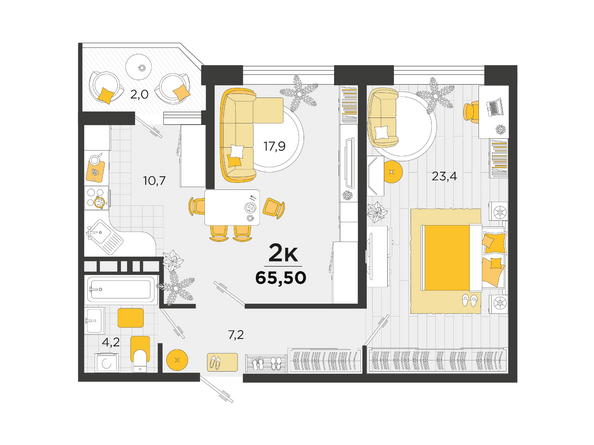 Планировка 2-комн 65,5 м²