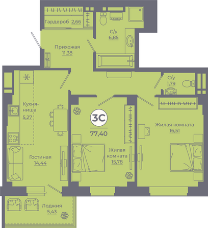 Планировка 3-комн 77,02 - 78,12 м²