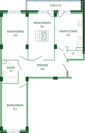 Планировка 3-комн 81,4 м²