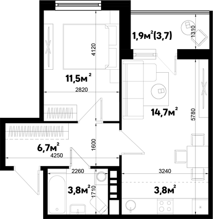 Планировка 2-комн 42,4 м²