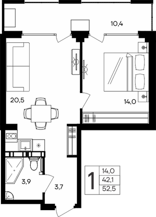 Планировка Апартамент 52,5 м²