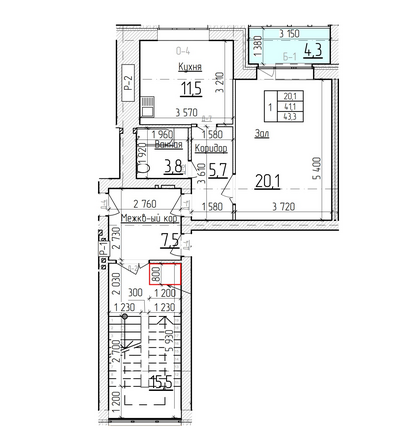 Планировка 1-комн 43,3 м²
