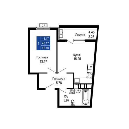 Планировка 1-комн 42,4 м²