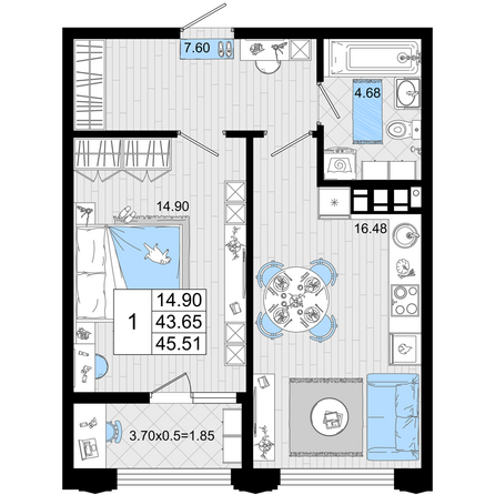 Планировка 1-комн 45,51 м²