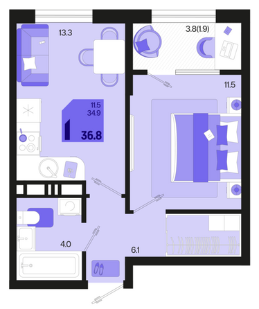 Планировка 1-комн 36,8 м²