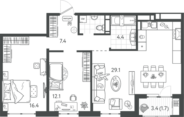 Планировка 2-комн 73,5 м²