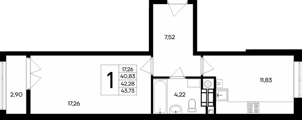 Планировка 1-комн 43,3, 43,73 м²