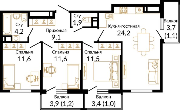 Планировка 3-комн 77,39 - 77,85 м²