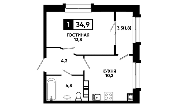 Планировка 1-комн 34,9 м²