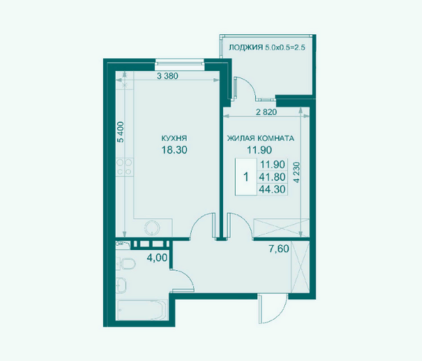 Планировка 1-комн 44,3, 44,7 м²