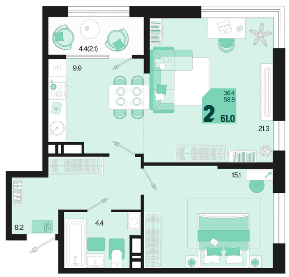 Планировка 2-комн 61 м²