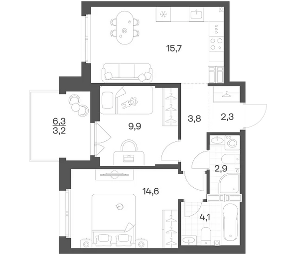 Планировка 2-комн 56,5 м²