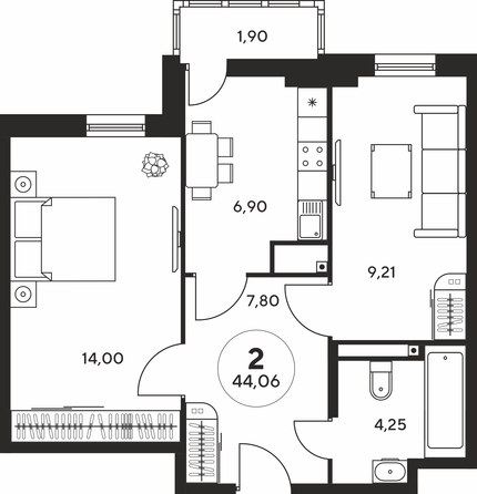 Планировка 2-комн 43,89 - 44,25 м²