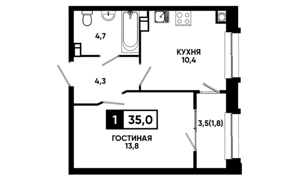 Планировка 1-комн 35 м²