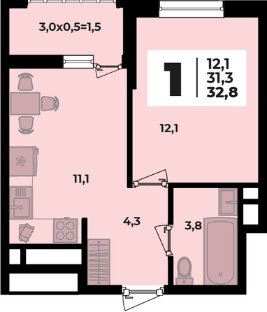 Планировка 1-комн 32,8 м²