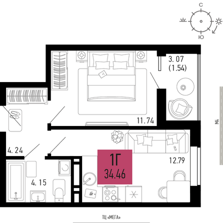 Планировка 1-комн 34,46 м²