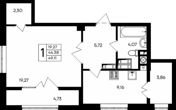 Планировка 1-комн 49,11, 49,37 м²