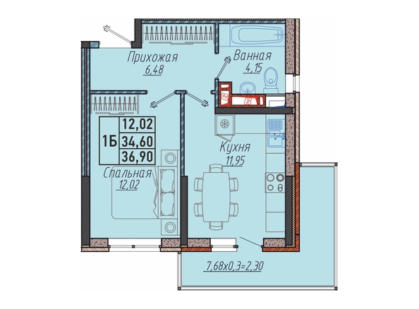 Планировка 1-комн 36,9 м²