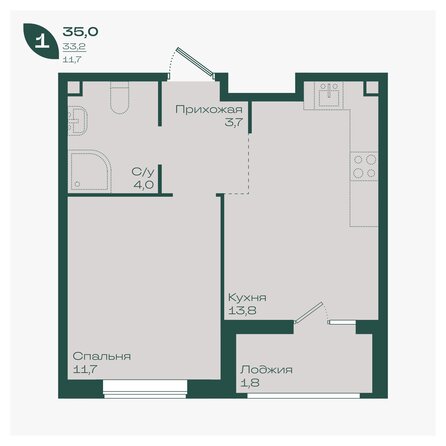 Планировка 1-комн 35 м²