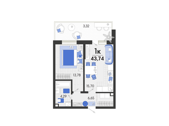 Планировка 1-комн 43,74 м²