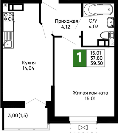 Планировка 1-комн 39,3 м²