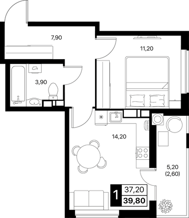 Планировка 1-комн 39,8, 40 м²