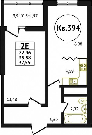 Планировка 1-комн 37,4 - 37,55 м²