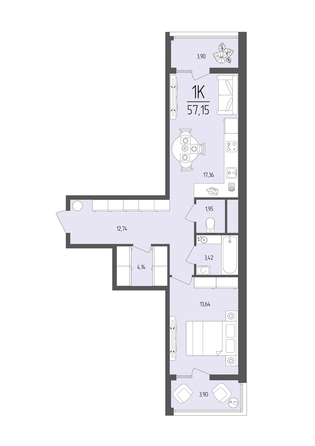 Планировка 1-комн 57,15 м²